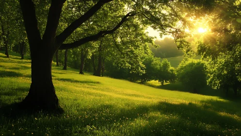 Sunlit woodland meadow with backlit trees at golden hour.