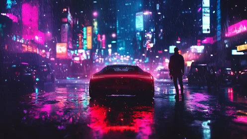 Neon lit sports car and lone figure in rainy city street.