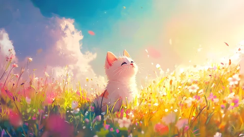 Cat in Flowering Field Under Bright Sky