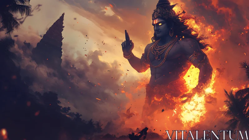 Divine fiery deity strides through storm-lit temple ruins.