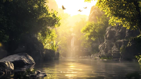Golden waterfall sanctuary glows in tranquil forest light
