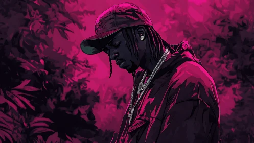 Stylized neon portrait of pensive hooded rapper at night.