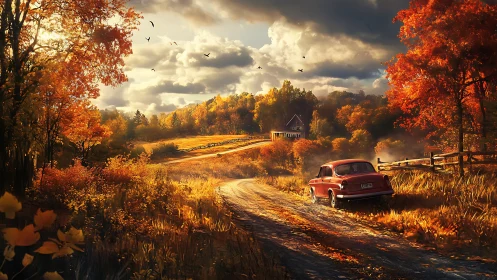 Red vintage car on golden autumn country lane at sunset