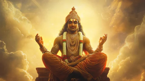 Seated deity figure meditates against radiant golden sky