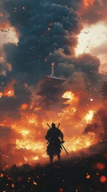 Samurai silhouette observes burning pagoda amid dense smoke