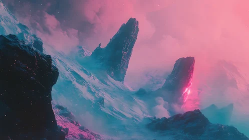 Neon Glacial Spires in Atmospheric Sci Fi Digital Painting.