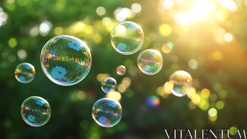 Soap bubbles drifting in sunlight over green garden.