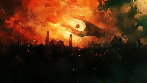 Burning city skyline beneath ominous celestial eye