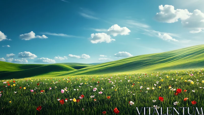 Grassy hills and wildflower field extend beneath clear sky
