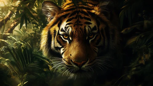 Golden-eyed jungle tiger emerging from deep shadowed leaves.