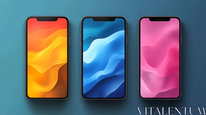 Sleek smartphones align with vivid gradient wave displays