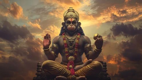 Majestic monkey-headed deity statue against dramatic sky.