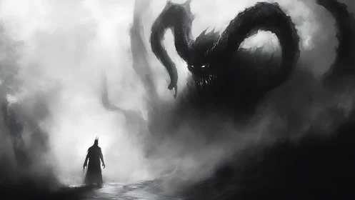 Dark robed figure faces massive horned shadow monster.