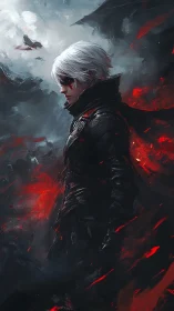 White-haired rogue in black tactical armor amid red embers