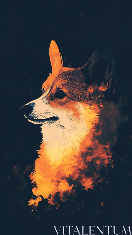 Corgi portrait ignites from swirling abstract fire clouds