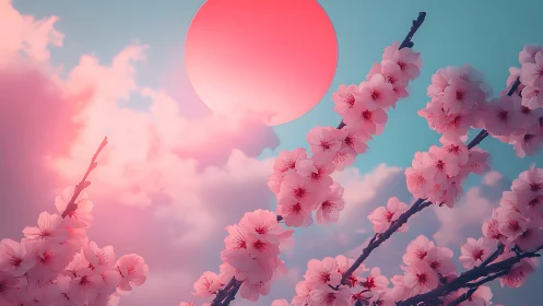 Chromatic cherry blossom canopy under synthetic rose sun.