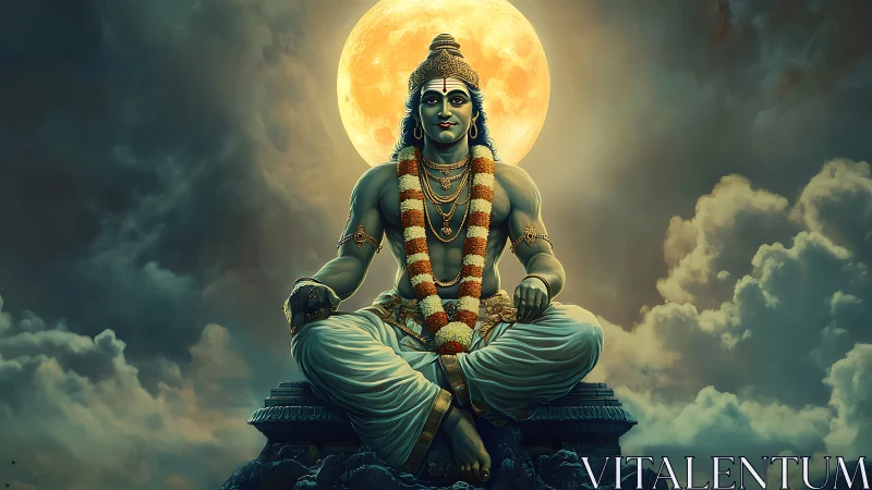 Seated mythic figure is centered before full moon backdrop