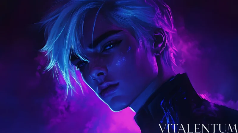 Neon lit portrait of androgynous character in violet haze.