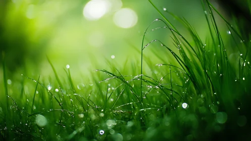 Macro optical study of dew-laden grass blades at sunrise.