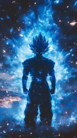 Silhouetted energy figure in blue glowing aura field.