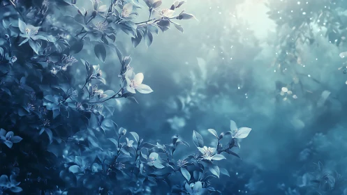 Serene Blue Blooms: Delicate Flowers in Soft Mist.