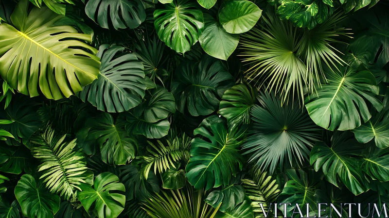 Dense tropical foliage fills frame with layered green leaves