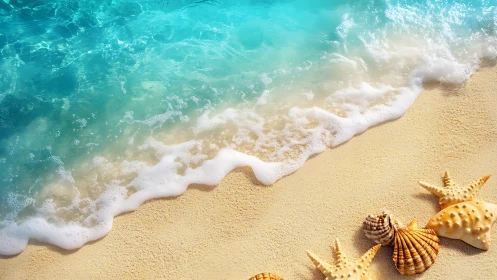 Turquoise shoreline with seashells and starfish on sand.