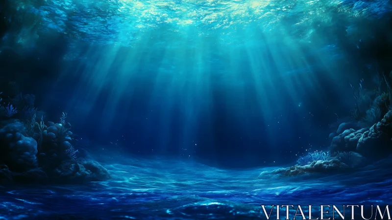 Sunlit ocean depth with glowing blue water and reef formations.