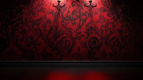 Ornate red damask wall with twin sconces and moody floor glow
