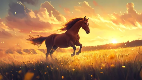 Golden meadow gallop with a sunlit, spirited horse.