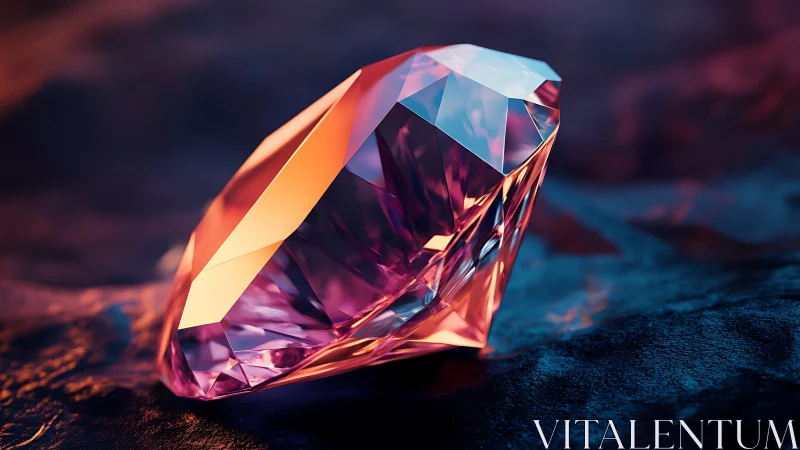 Faceted gemstone on textured surface under colored light.