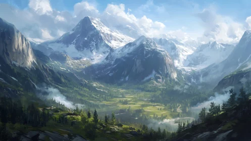 Digital painting of alpine valley vista with snow-capped peaks.
