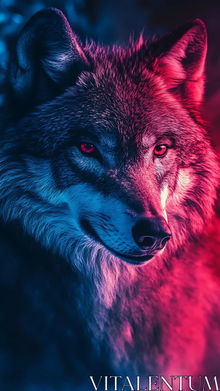 Wolf portrait in contrasting blue and red neon light.