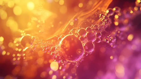Abstract close-up of oil bubbles in vibrant orange and purple light.
