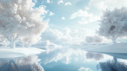 Infrared-inspired snowy river landscape with luminous trees