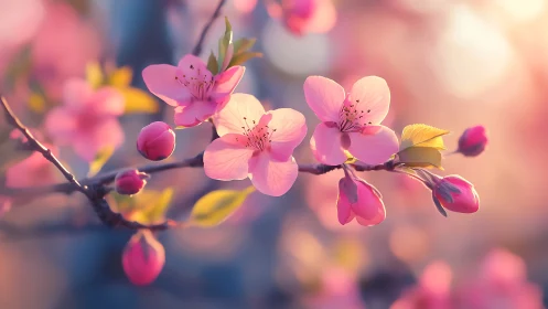 Cherry Blossom Branch with Pink Flowers and Buds