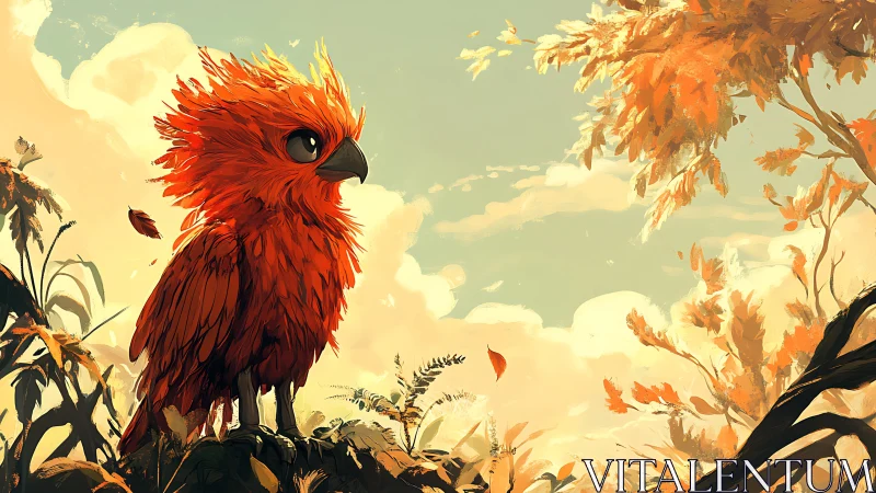 Vibrant red fantasy bird in autumn forest, digital painting style.