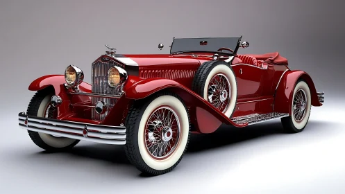 Vintage red roadster render with chrome and whitewall detailing.
