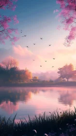 Blush dawn lake where pink trees cradle quiet skies.