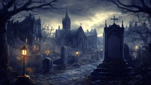 Gothic church and graveyard under stormy night sky.