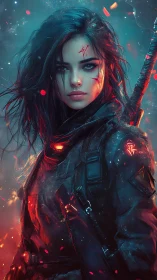 Cyberpunk warrior with glowing runes stands in embers.