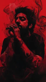 Vocalist in red spectral smoke with high-contrast chiaroscuro rendering.