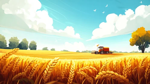 Sunlit combine harvesting ripe wheat under stylized cumulus sky