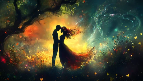 Two figures silhouetted against luminous atmospheric effect.