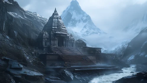 Temple complex rises in misty glacial mountain gorge at dusk.
