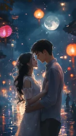 Lovers Under Glowing Moon and Lanterns.