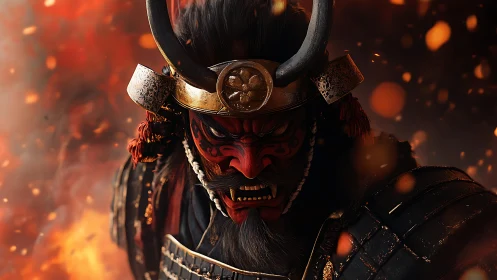 Demon-masked samurai snarls through a storm of drifting embers