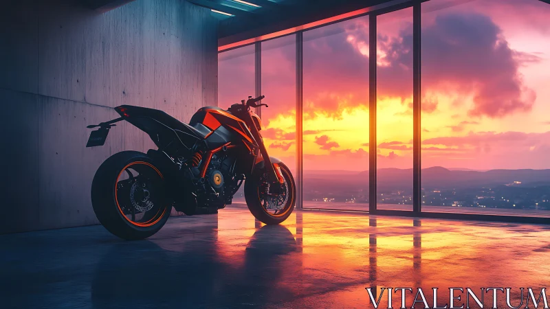 High-performance sport motorcycle reflects saturated sunset sky