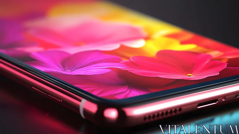 Vibrant smartphone close-up with floral wallpaper, modern digital art.