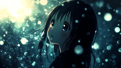 Anime girl observes glowing particles in luminous night